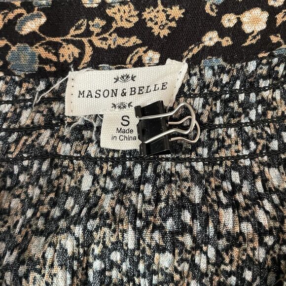 Mason & Belle Boho Blouse‎ Black Ditsy Floral V-Neck Shirt Tassels Women's Small - Picture 7 of 8